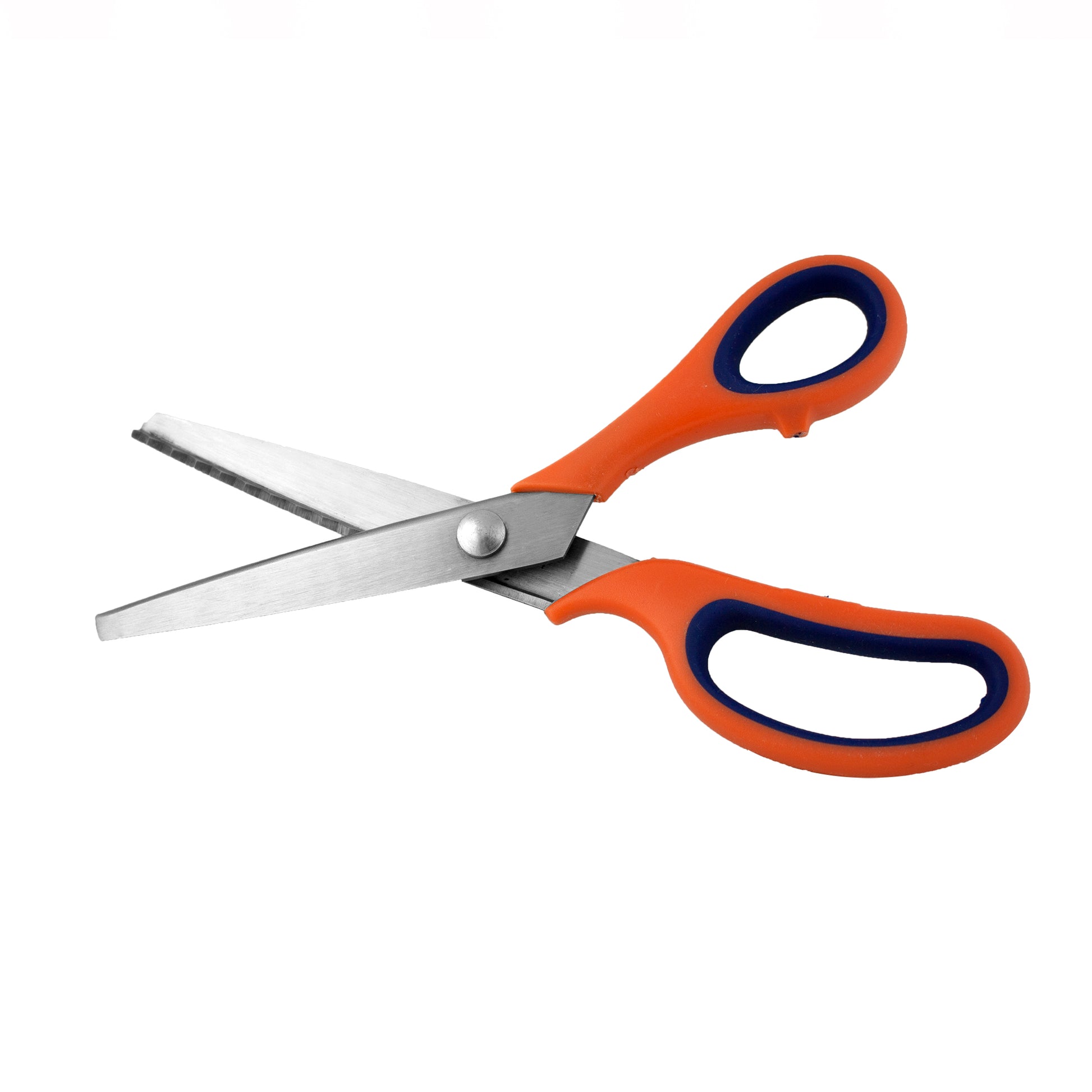 Pair of scissors with orange handles and blue tips on a white background