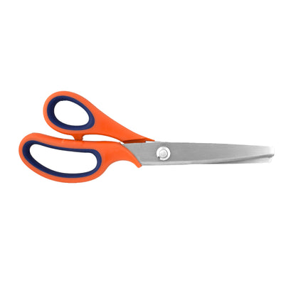 Pair of scissors with orange handles on a white background
