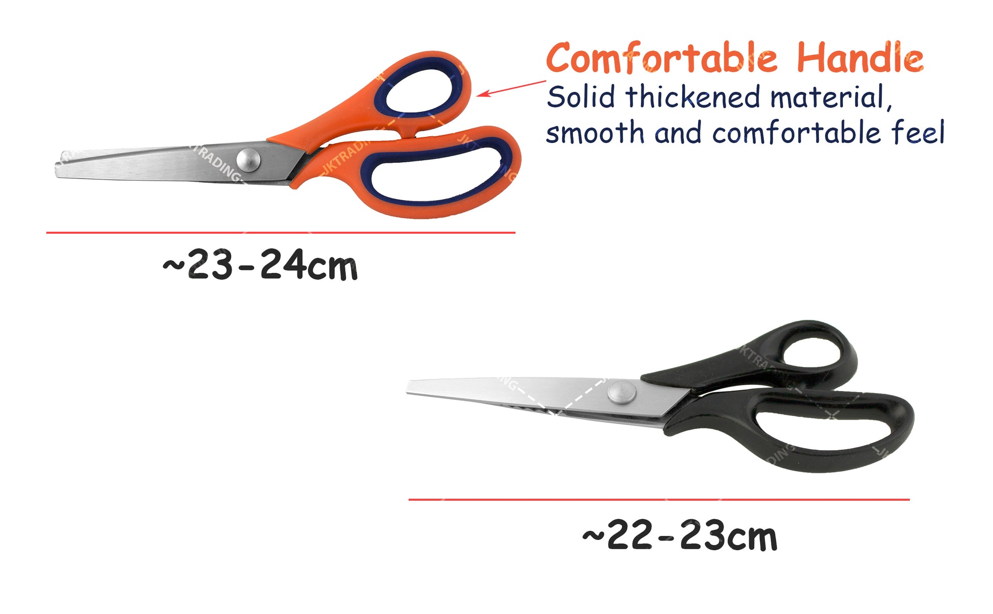 Two pairs of zig zag scissors with measurements and text on a white background