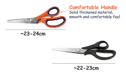 Two pairs of zig zag scissors with measurements and text on a white background