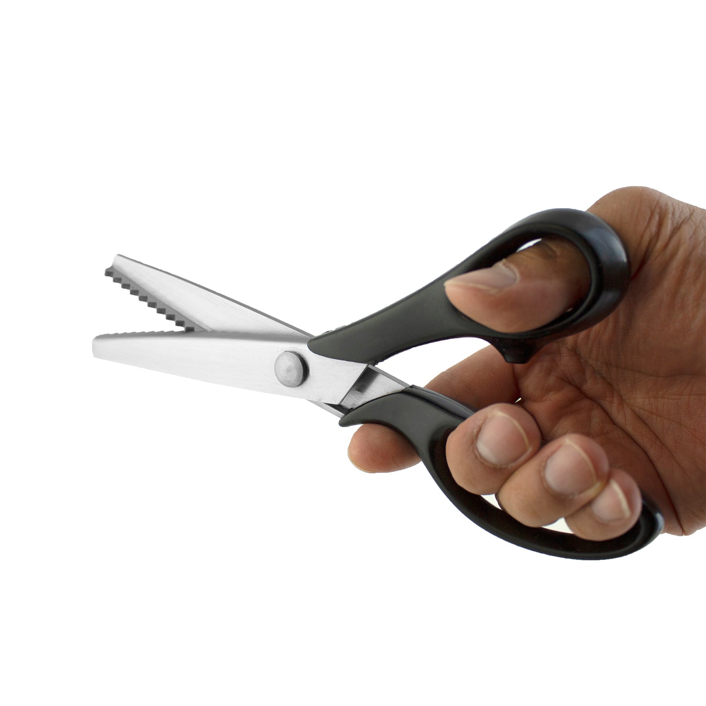 Hand holding a pair of scissors with black handles on a white background