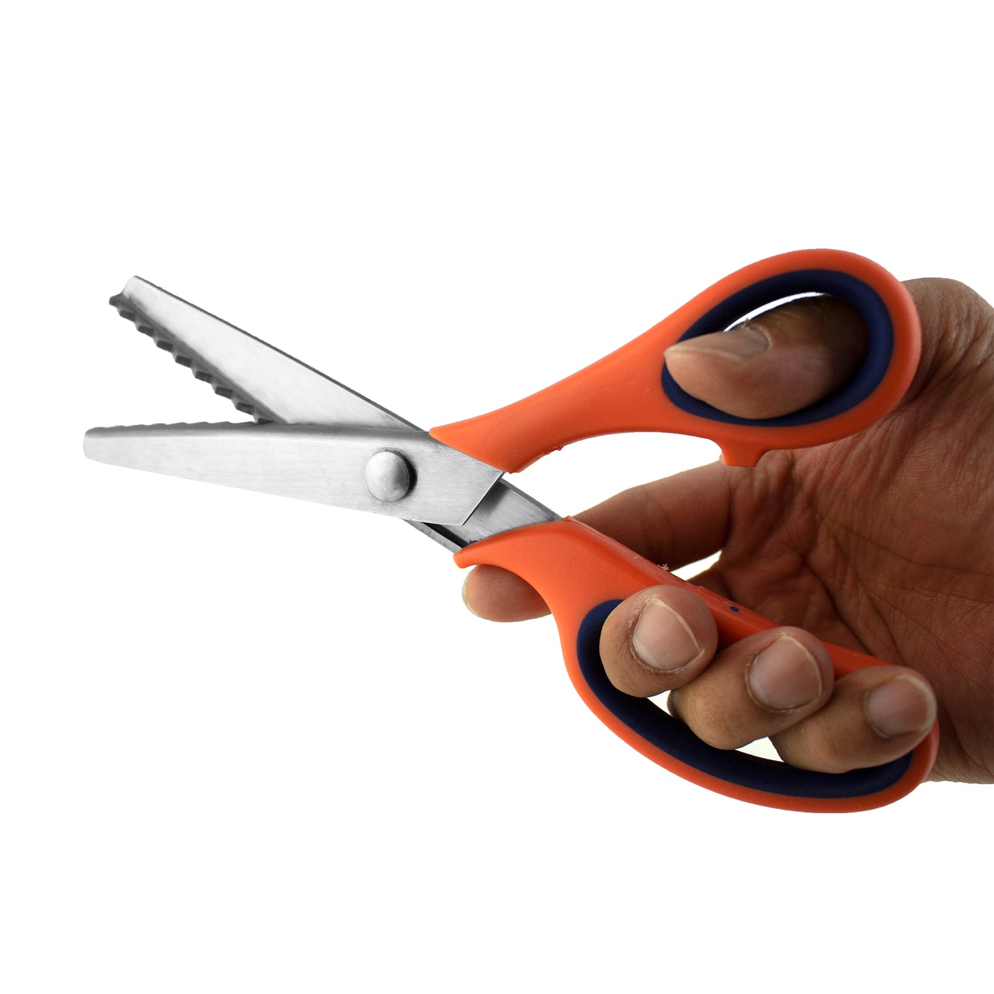 Hand holding orange-handled scissors on a white background