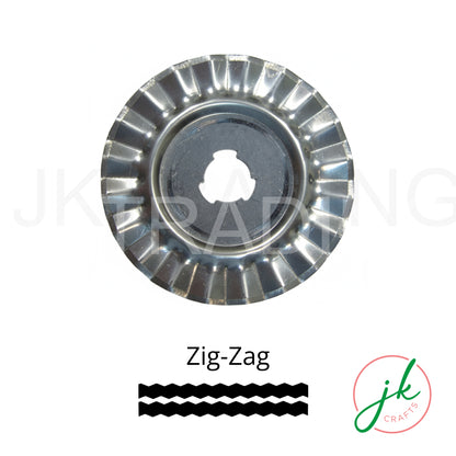 Precision zigzag pinking rotary blade displaying its crisp, tightly spaced pinked teeth to neatly finish fabric seams.