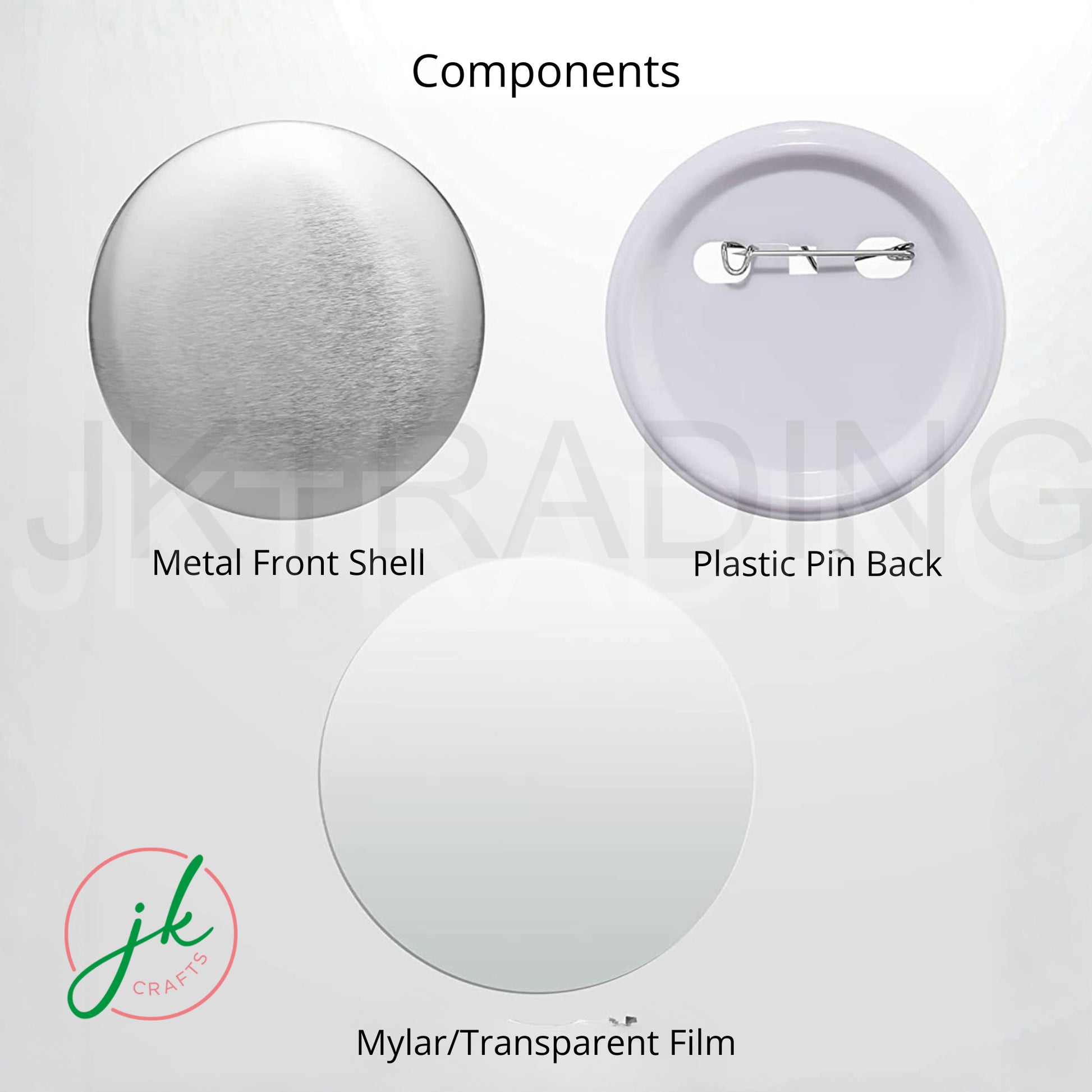 Components of a button badge including metal front shell, plastic pin back, and mylar/transparent film on a white background.