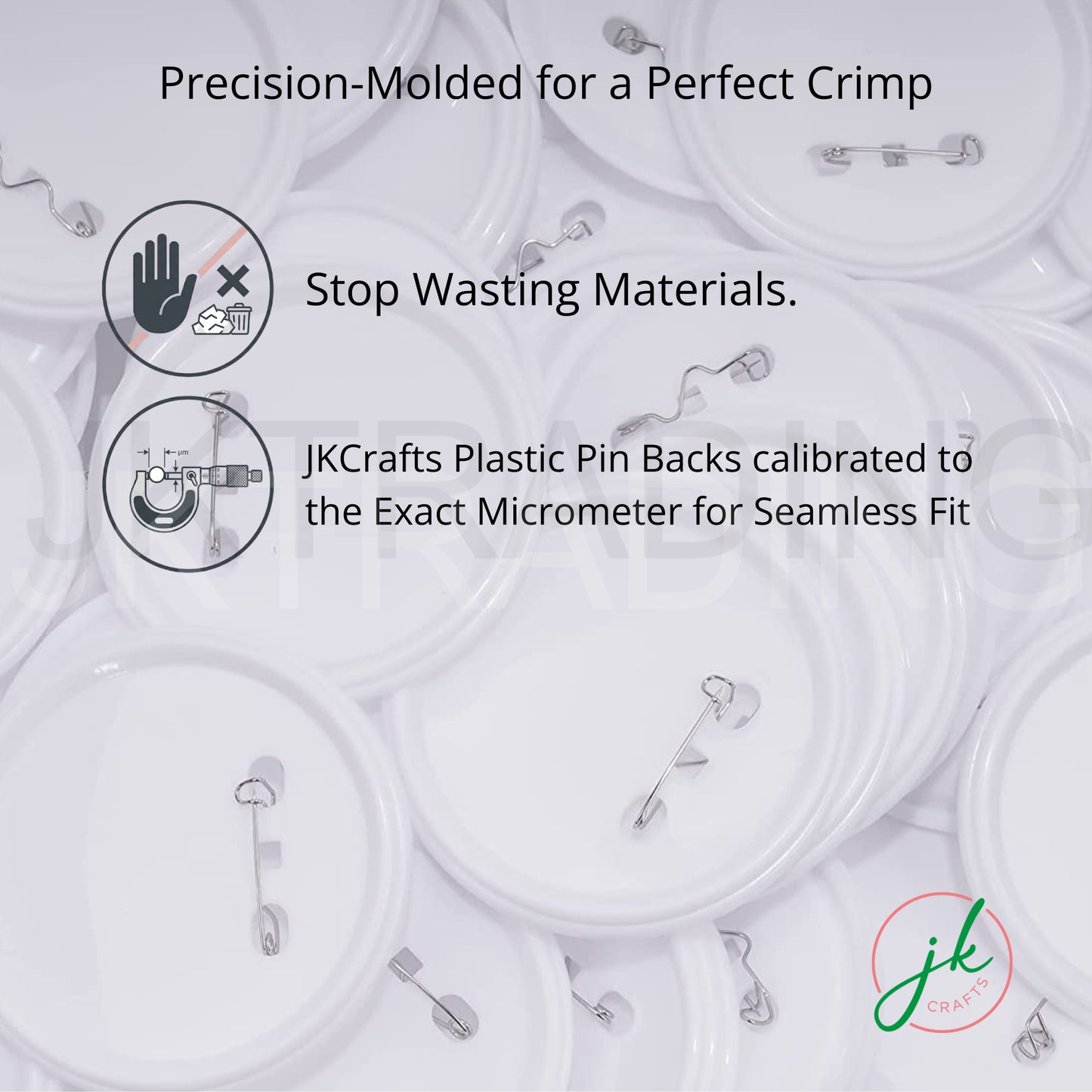 JKCrafts plastic pin backs with text on precision molding and material efficiency.