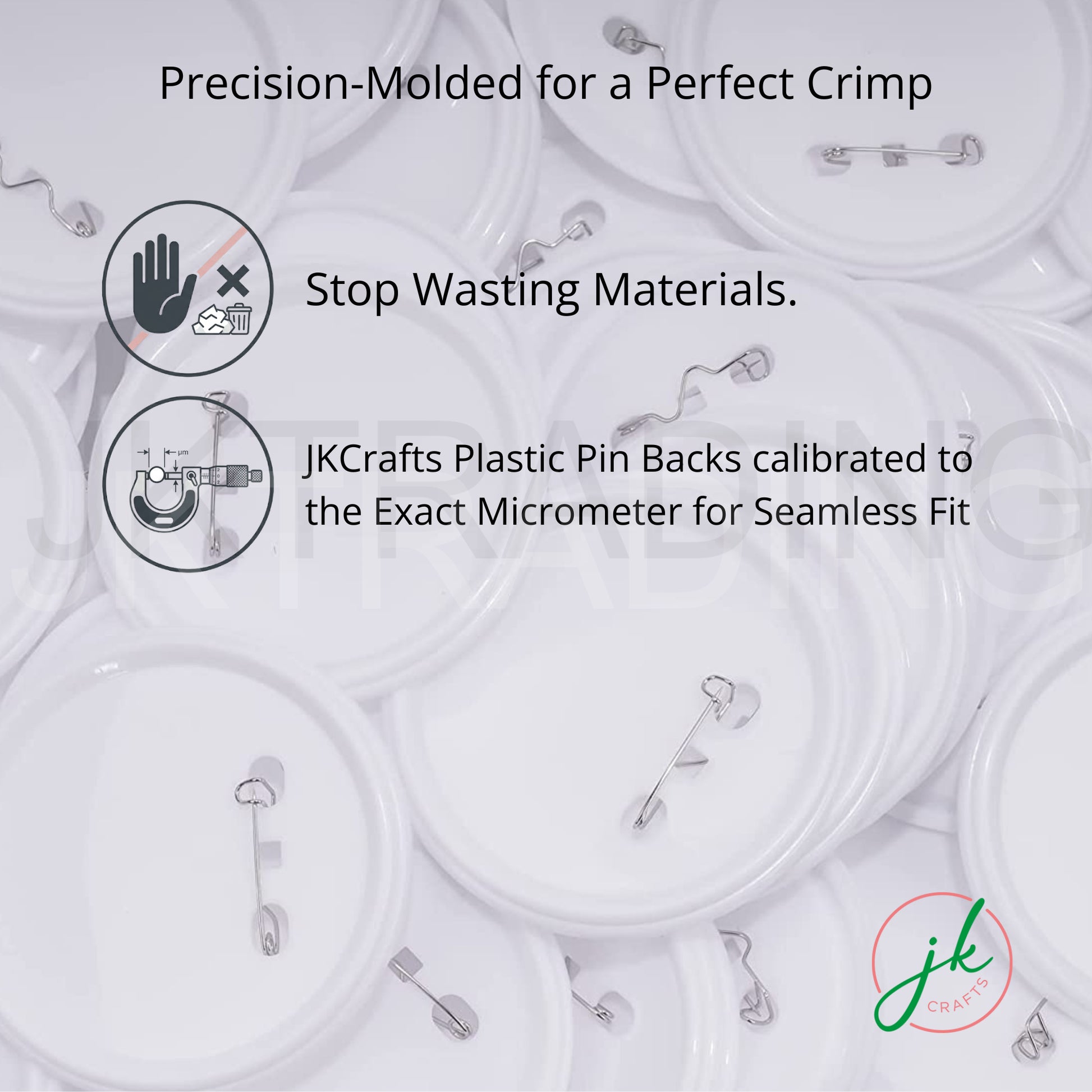 JKCrafts plastic pin backs with text on precision molding and material efficiency.