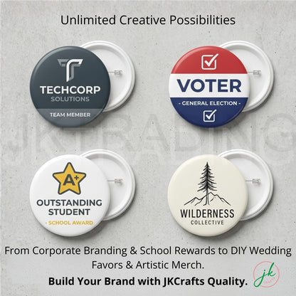 Four buttons with different designs and text on a gray background, promoting JK Crafts quality.