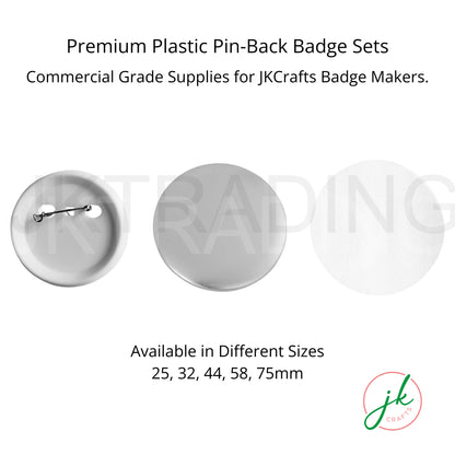 Two white button badges with a pin on a white background, featuring JK Crafts branding.