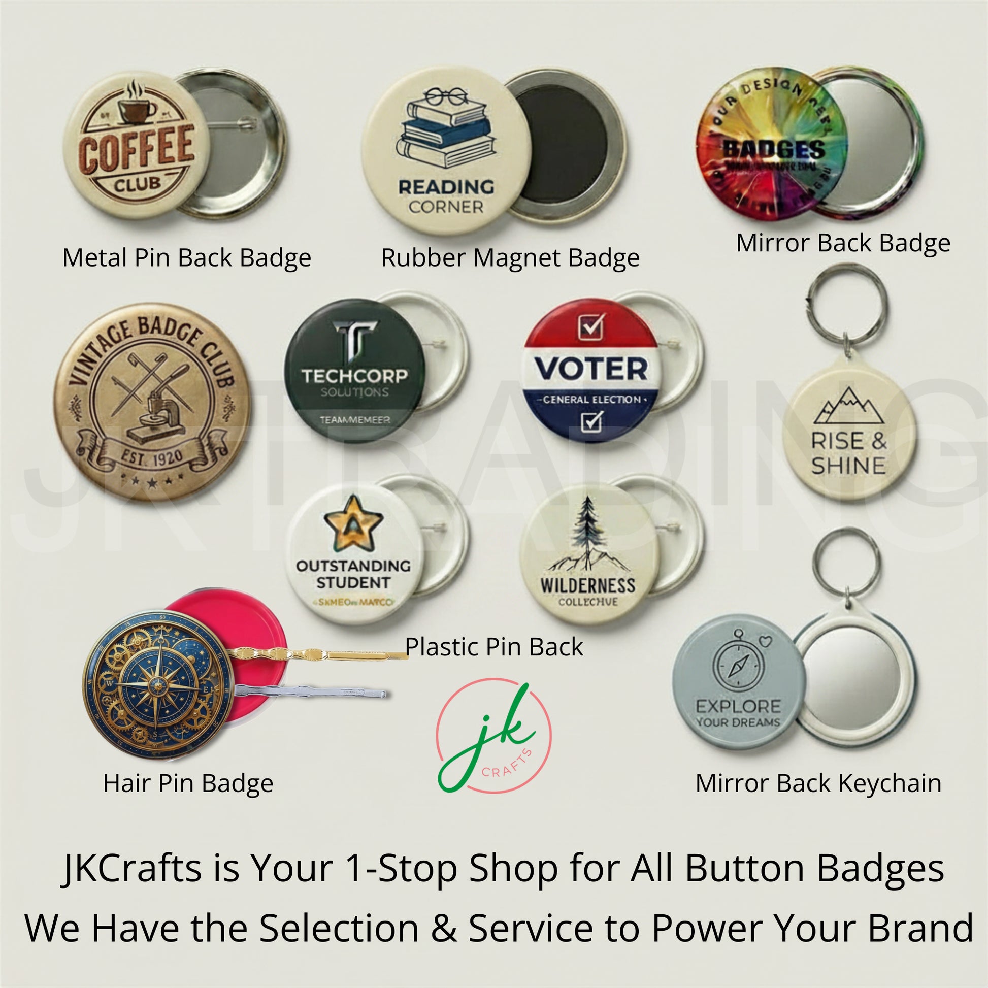 Custom badge attachment options including metal pin back, rubber magnet, mirror back, plastic pin back, mirror back keychain, and hair pin badge styles. Examples feature vintage coffee club, reading corner, and wilderness designs to show versatility for DIY craft supplies and promotional button making.