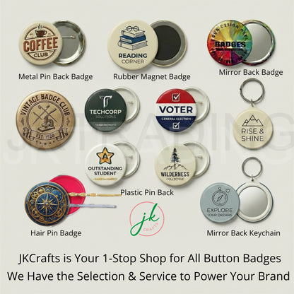 Custom badge attachment options including metal pin back, rubber magnet, mirror back, plastic pin back, mirror back keychain, and hair pin badge styles. Examples feature vintage coffee club, reading corner, and wilderness designs to show versatility for DIY craft supplies and promotional button making.